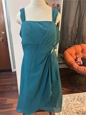 Teal Pleated Chiffon A-Line Dress with Draped Accent